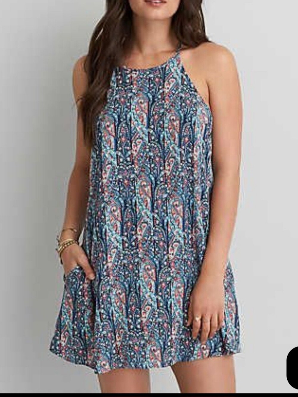 American Eagle Paisley Swing Dress Blue Boho Halter ** Medium  ** EUC!!